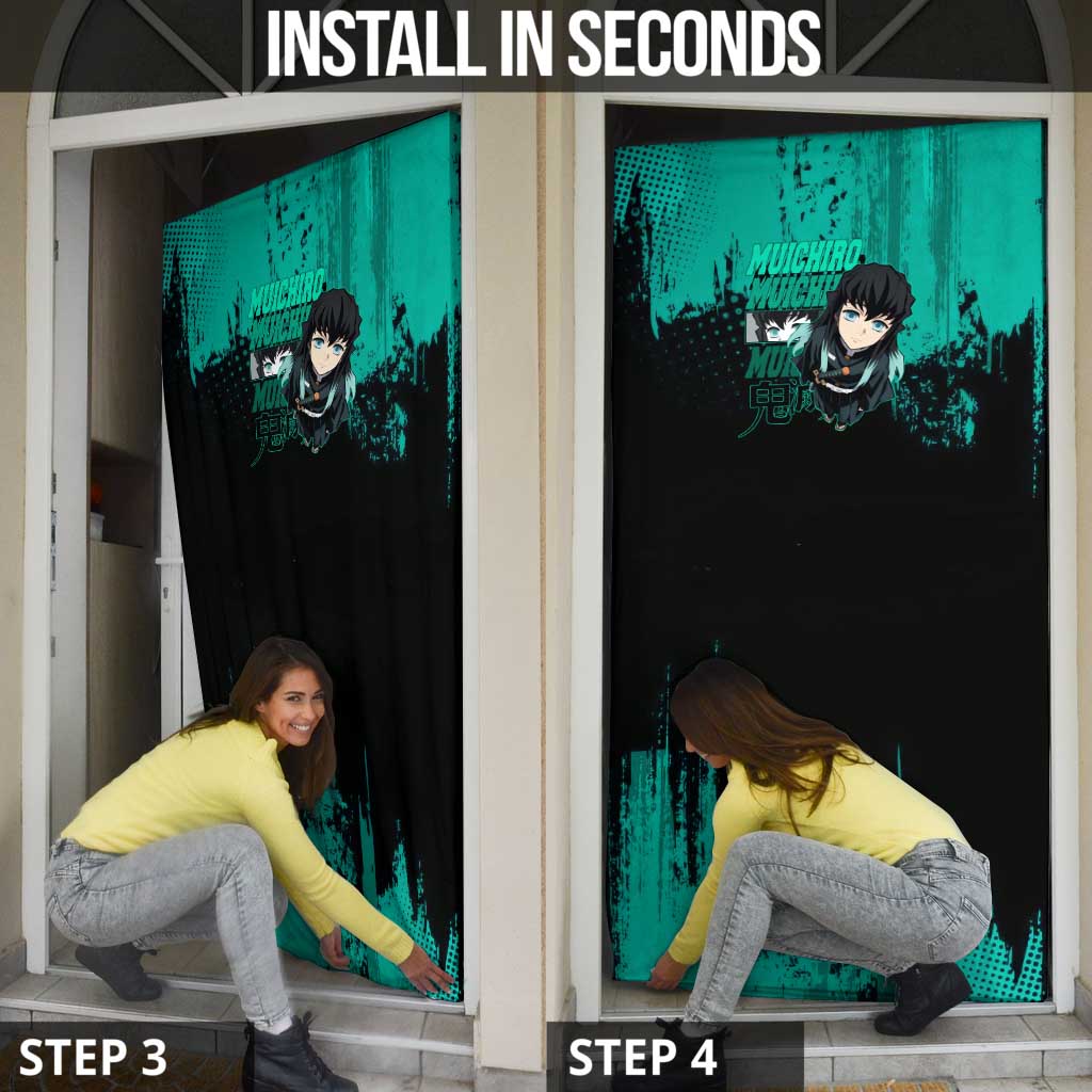 Muichiro Tokito Demon Slayer Green and Black Grunge Style Door Cover with Mist Hashira Eyes and Bold Typography - The Mazicc