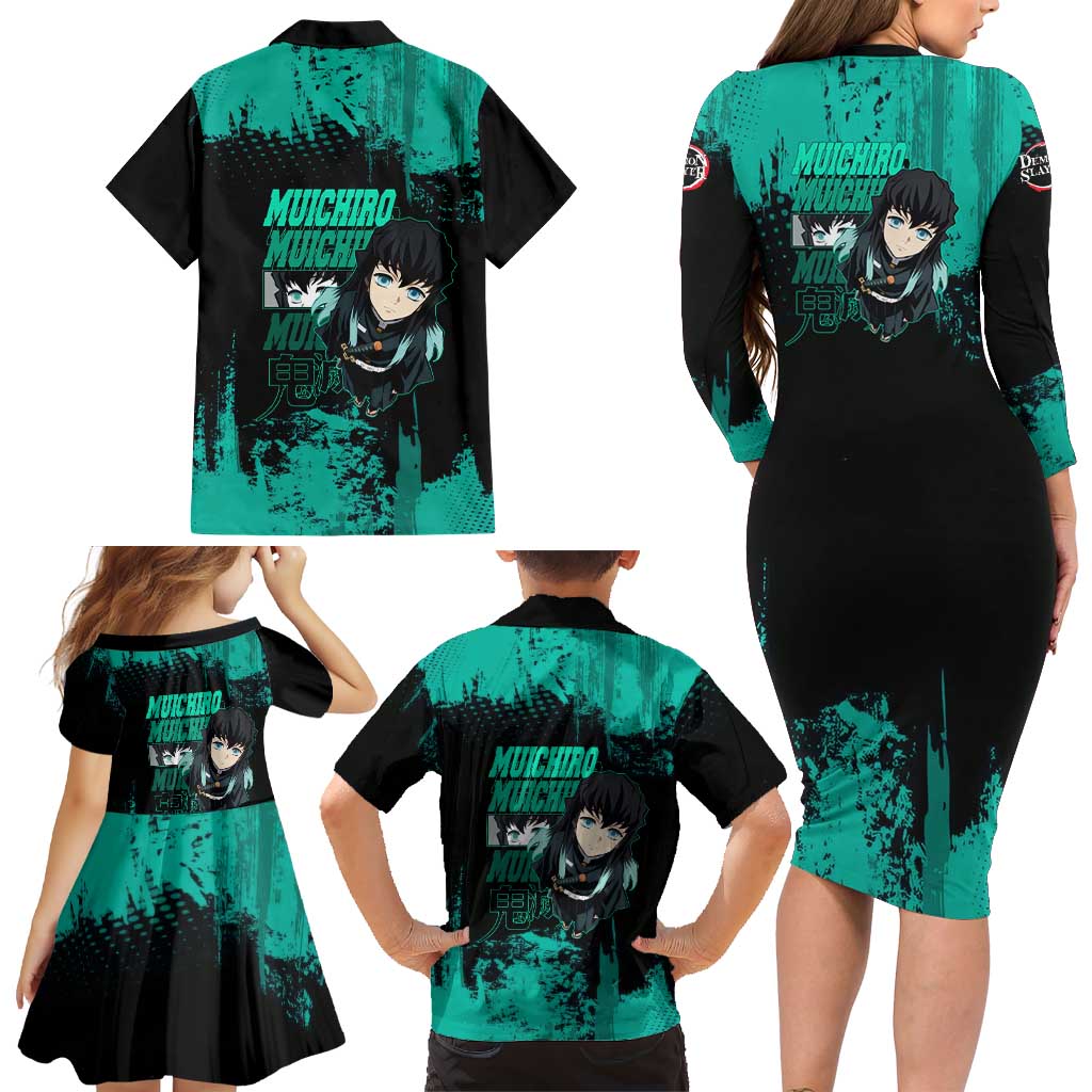 Muichiro Tokito Demon Slayer Green and Black Grunge Style Family Matching Long Sleeve Bodycon Dress and Hawaiian Shirt with Mist Hashira Eyes and Bold Typography