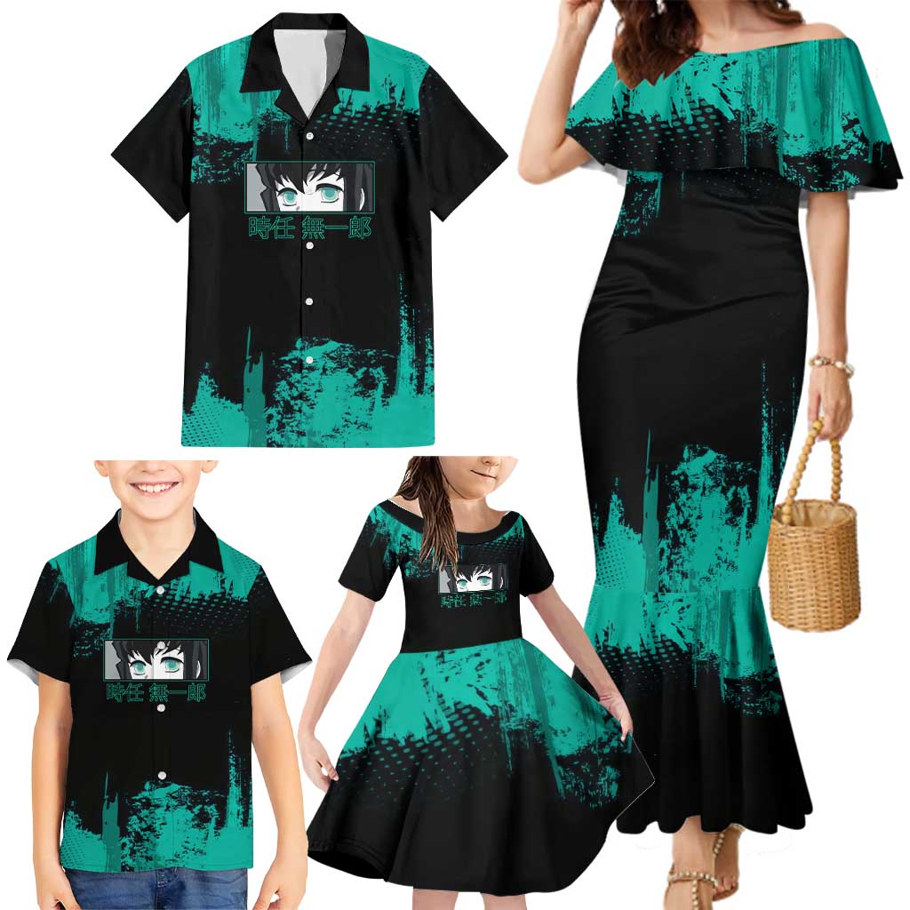 Muichiro Tokito Demon Slayer Green and Black Grunge Style Family Matching Mermaid Dress and Hawaiian Shirt with Mist Hashira Eyes and Bold Typography