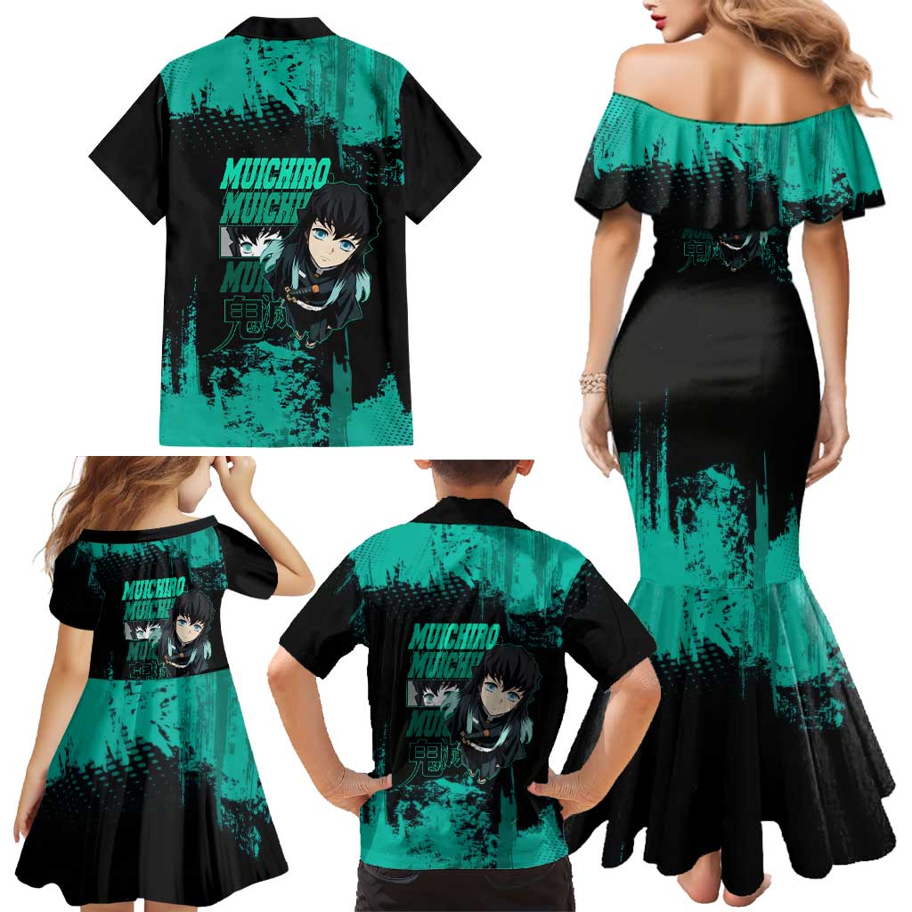Muichiro Tokito Demon Slayer Green and Black Grunge Style Family Matching Mermaid Dress and Hawaiian Shirt with Mist Hashira Eyes and Bold Typography