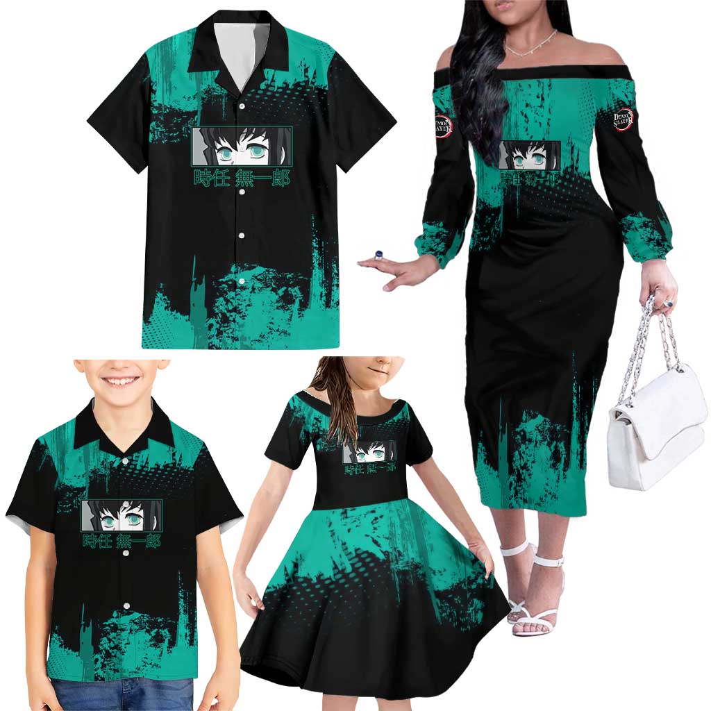 Muichiro Tokito Demon Slayer Green and Black Grunge Style Family Matching Off The Shoulder Long Sleeve Dress and Hawaiian Shirt with Mist Hashira Eyes and Bold Typography