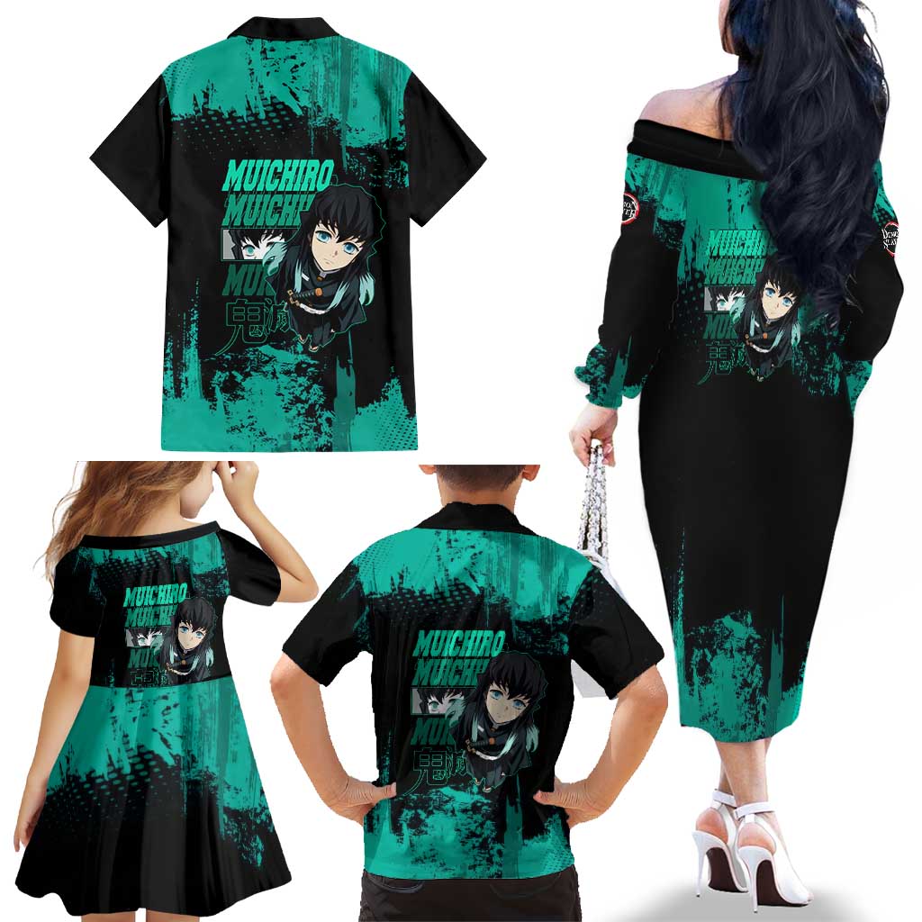 Muichiro Tokito Demon Slayer Green and Black Grunge Style Family Matching Off The Shoulder Long Sleeve Dress and Hawaiian Shirt with Mist Hashira Eyes and Bold Typography