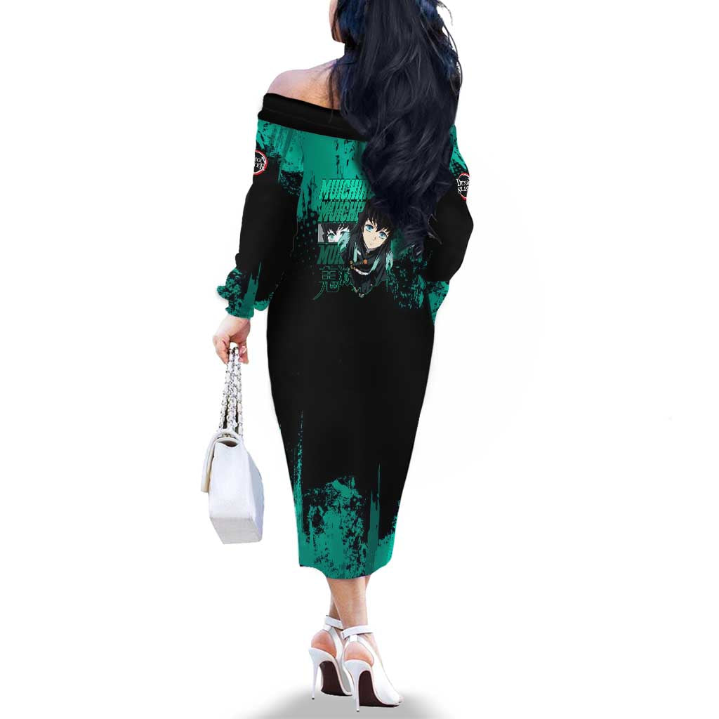 Muichiro Tokito Demon Slayer Green and Black Grunge Style Family Matching Off The Shoulder Long Sleeve Dress and Hawaiian Shirt with Mist Hashira Eyes and Bold Typography