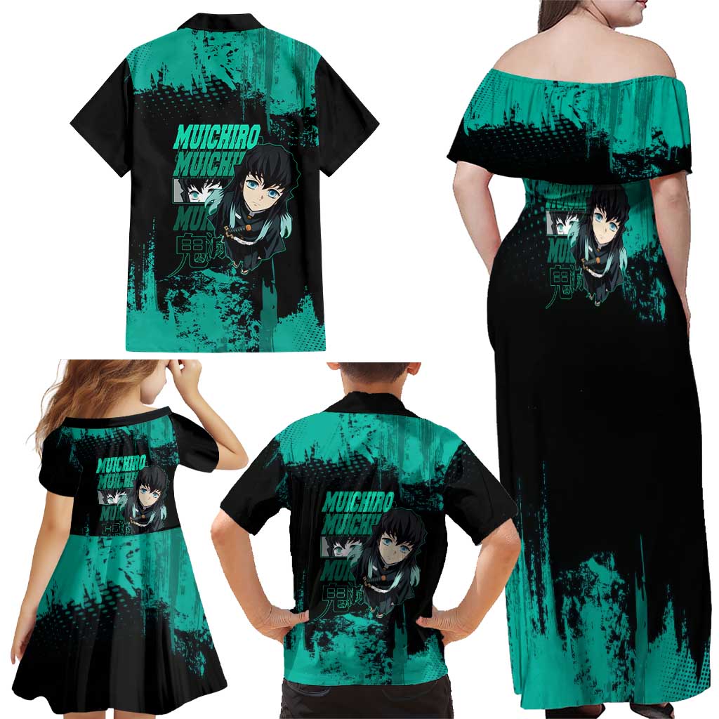 Muichiro Tokito Demon Slayer Green and Black Grunge Style Family Matching Off Shoulder Maxi Dress and Hawaiian Shirt with Mist Hashira Eyes and Bold Typography