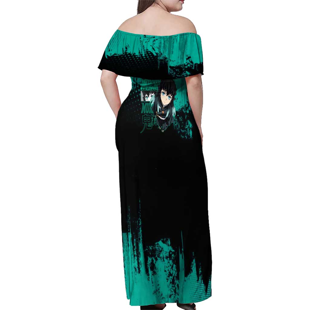Muichiro Tokito Demon Slayer Green and Black Grunge Style Family Matching Off Shoulder Maxi Dress and Hawaiian Shirt with Mist Hashira Eyes and Bold Typography
