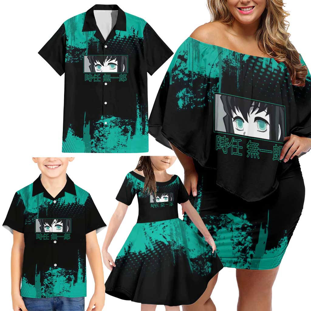Muichiro Tokito Demon Slayer Green and Black Grunge Style Family Matching Off Shoulder Short Dress and Hawaiian Shirt with Mist Hashira Eyes and Bold Typography