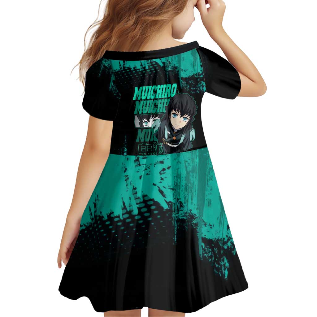 Muichiro Tokito Demon Slayer Green and Black Grunge Style Family Matching Off Shoulder Short Dress and Hawaiian Shirt with Mist Hashira Eyes and Bold Typography