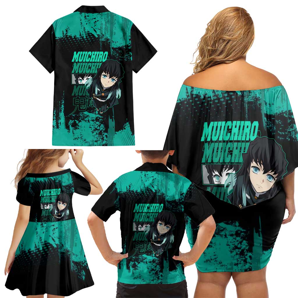 Muichiro Tokito Demon Slayer Green and Black Grunge Style Family Matching Off Shoulder Short Dress and Hawaiian Shirt with Mist Hashira Eyes and Bold Typography