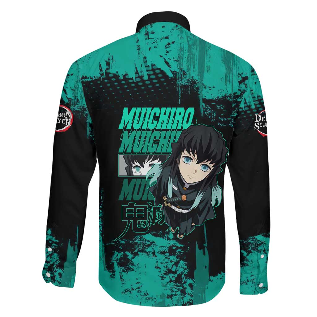 Muichiro Tokito Demon Slayer Green and Black Grunge Style Family Matching Off Shoulder Short Dress and Hawaiian Shirt with Mist Hashira Eyes and Bold Typography