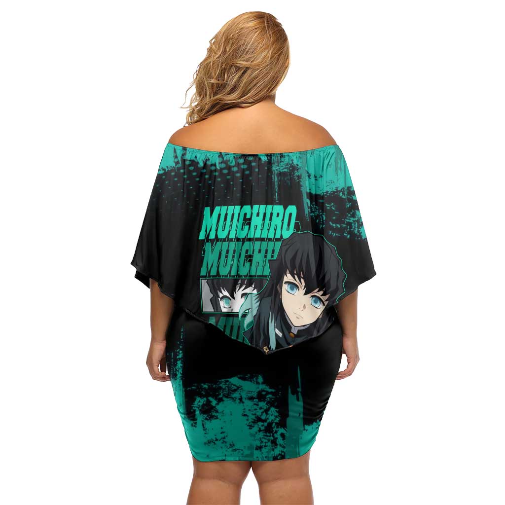 Muichiro Tokito Demon Slayer Green and Black Grunge Style Family Matching Off Shoulder Short Dress and Hawaiian Shirt with Mist Hashira Eyes and Bold Typography