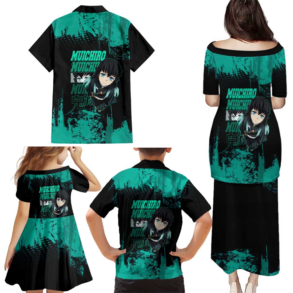 Muichiro Tokito Demon Slayer Green and Black Grunge Style Family Matching Puletasi and Hawaiian Shirt with Mist Hashira Eyes and Bold Typography