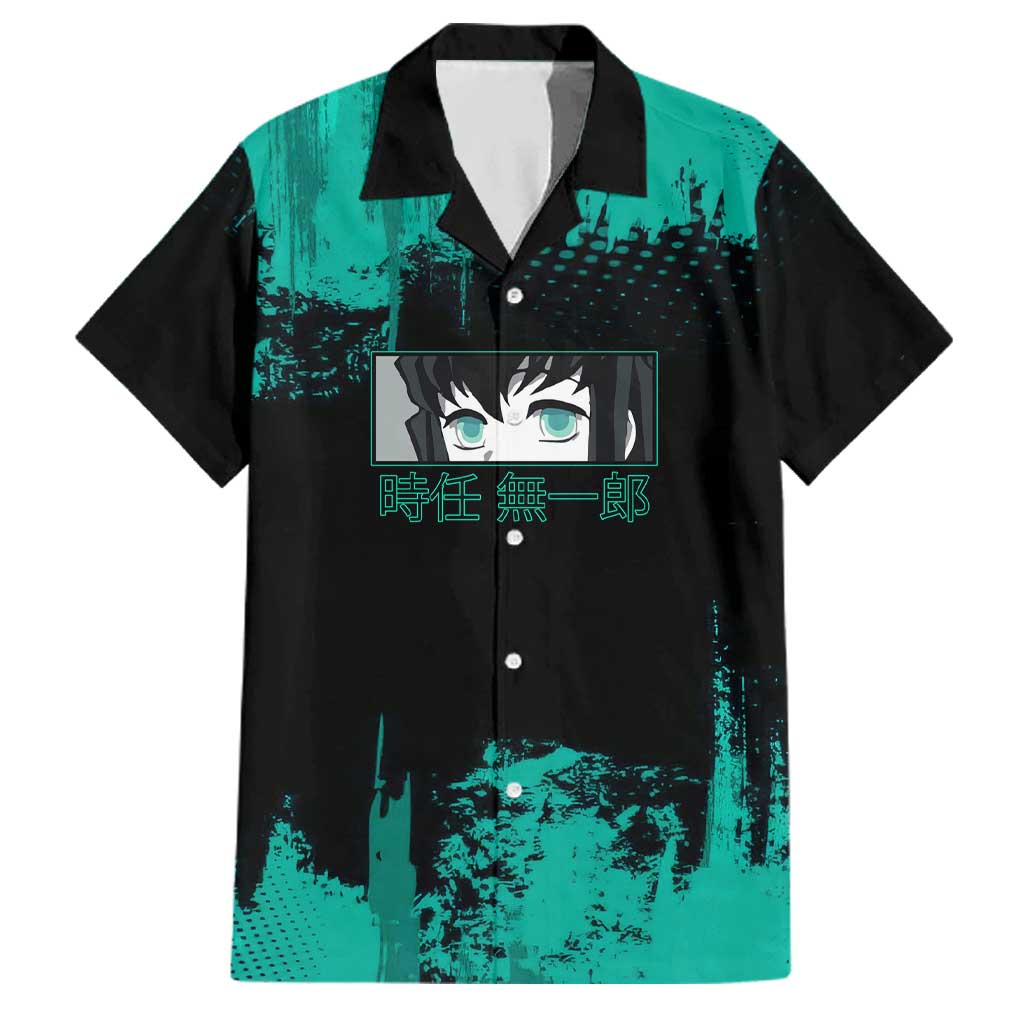 Muichiro Tokito Demon Slayer Green and Black Grunge Style Family Matching Puletasi and Hawaiian Shirt with Mist Hashira Eyes and Bold Typography