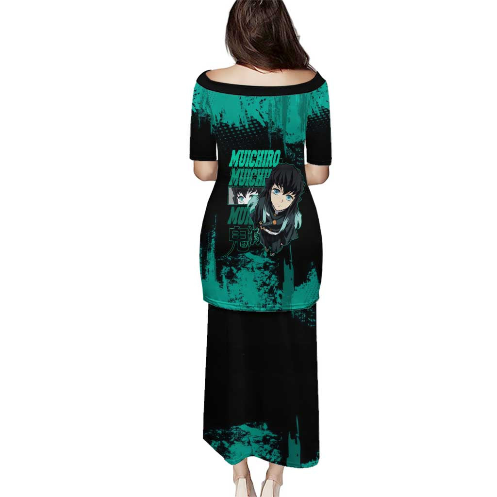 Muichiro Tokito Demon Slayer Green and Black Grunge Style Family Matching Puletasi and Hawaiian Shirt with Mist Hashira Eyes and Bold Typography