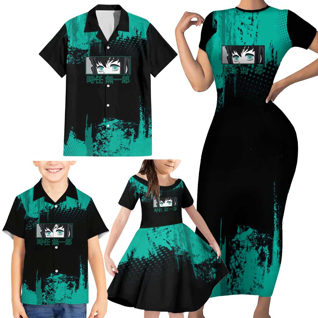 Muichiro Tokito Demon Slayer Green and Black Grunge Style Family Matching Short Sleeve Bodycon Dress and Hawaiian Shirt with Mist Hashira Eyes and Bold Typography