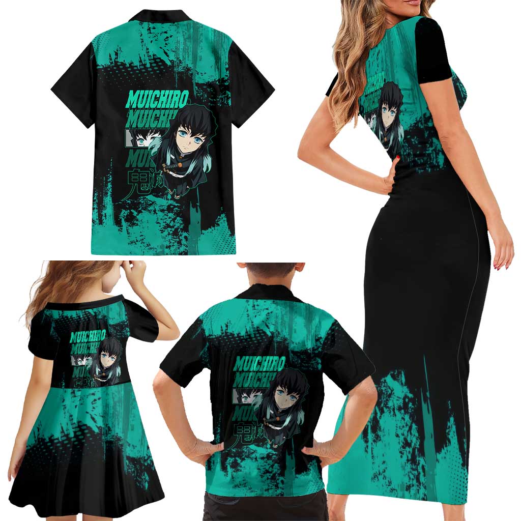 Muichiro Tokito Demon Slayer Green and Black Grunge Style Family Matching Short Sleeve Bodycon Dress and Hawaiian Shirt with Mist Hashira Eyes and Bold Typography