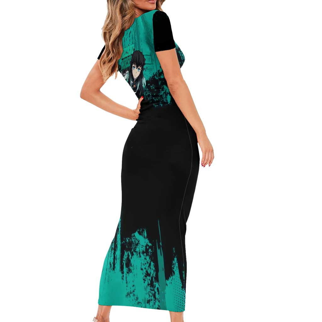 Muichiro Tokito Demon Slayer Green and Black Grunge Style Family Matching Short Sleeve Bodycon Dress and Hawaiian Shirt with Mist Hashira Eyes and Bold Typography