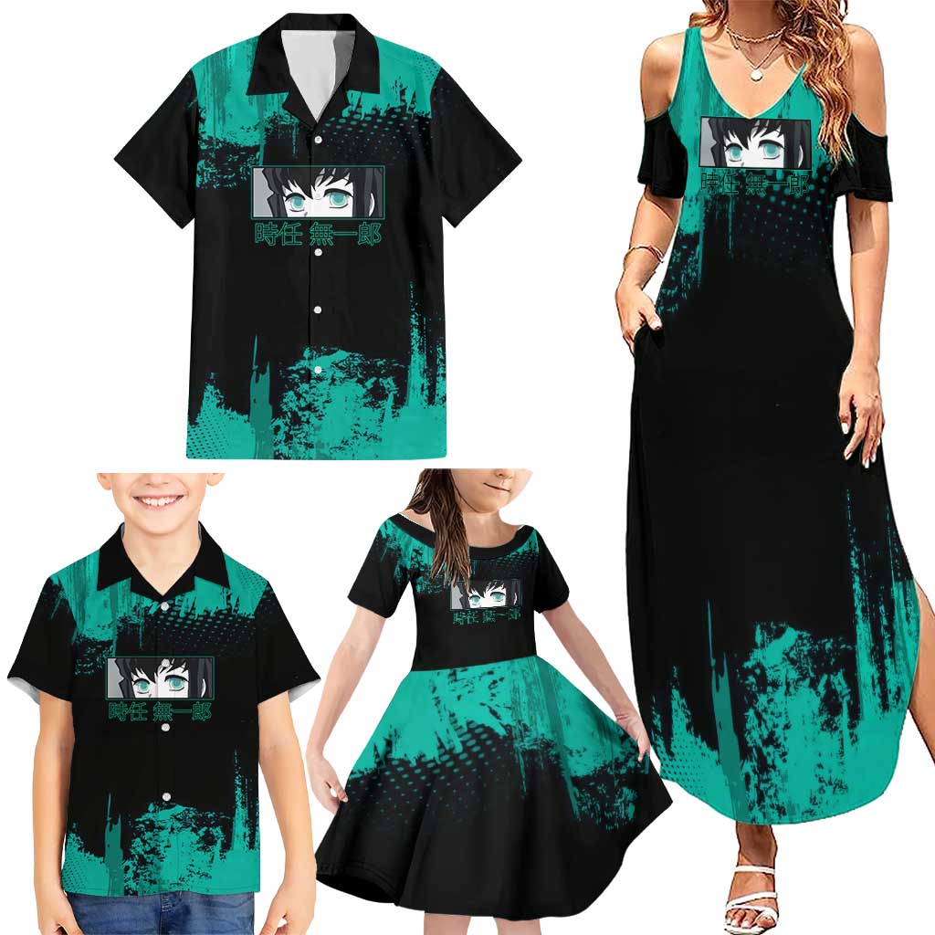 Muichiro Tokito Demon Slayer Green and Black Grunge Style Family Matching Summer Maxi Dress and Hawaiian Shirt with Mist Hashira Eyes and Bold Typography