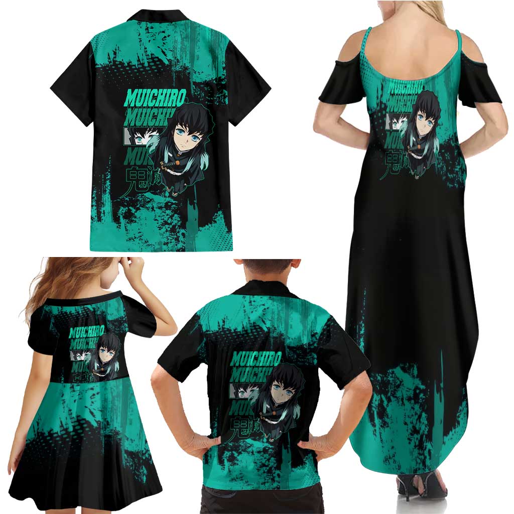 Muichiro Tokito Demon Slayer Green and Black Grunge Style Family Matching Summer Maxi Dress and Hawaiian Shirt with Mist Hashira Eyes and Bold Typography