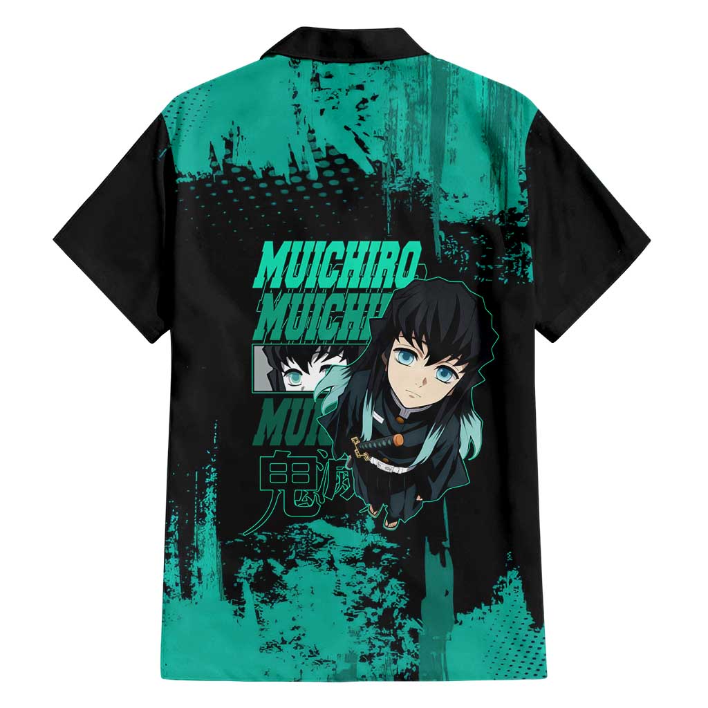 Muichiro Tokito Demon Slayer Green and Black Grunge Style Family Matching Summer Maxi Dress and Hawaiian Shirt with Mist Hashira Eyes and Bold Typography