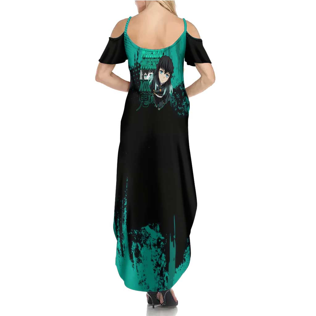 Muichiro Tokito Demon Slayer Green and Black Grunge Style Family Matching Summer Maxi Dress and Hawaiian Shirt with Mist Hashira Eyes and Bold Typography