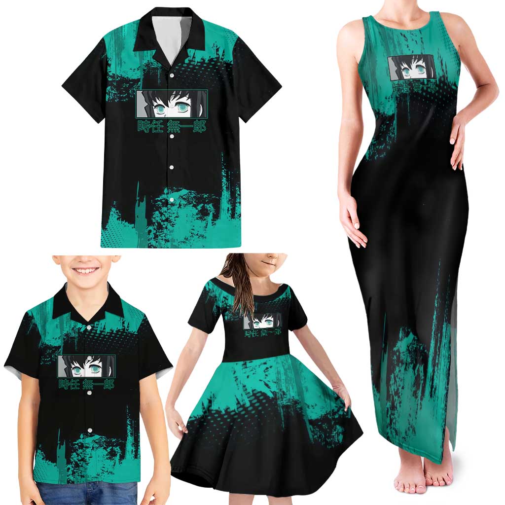 Muichiro Tokito Demon Slayer Green and Black Grunge Style Family Matching Tank Maxi Dress and Hawaiian Shirt with Mist Hashira Eyes and Bold Typography