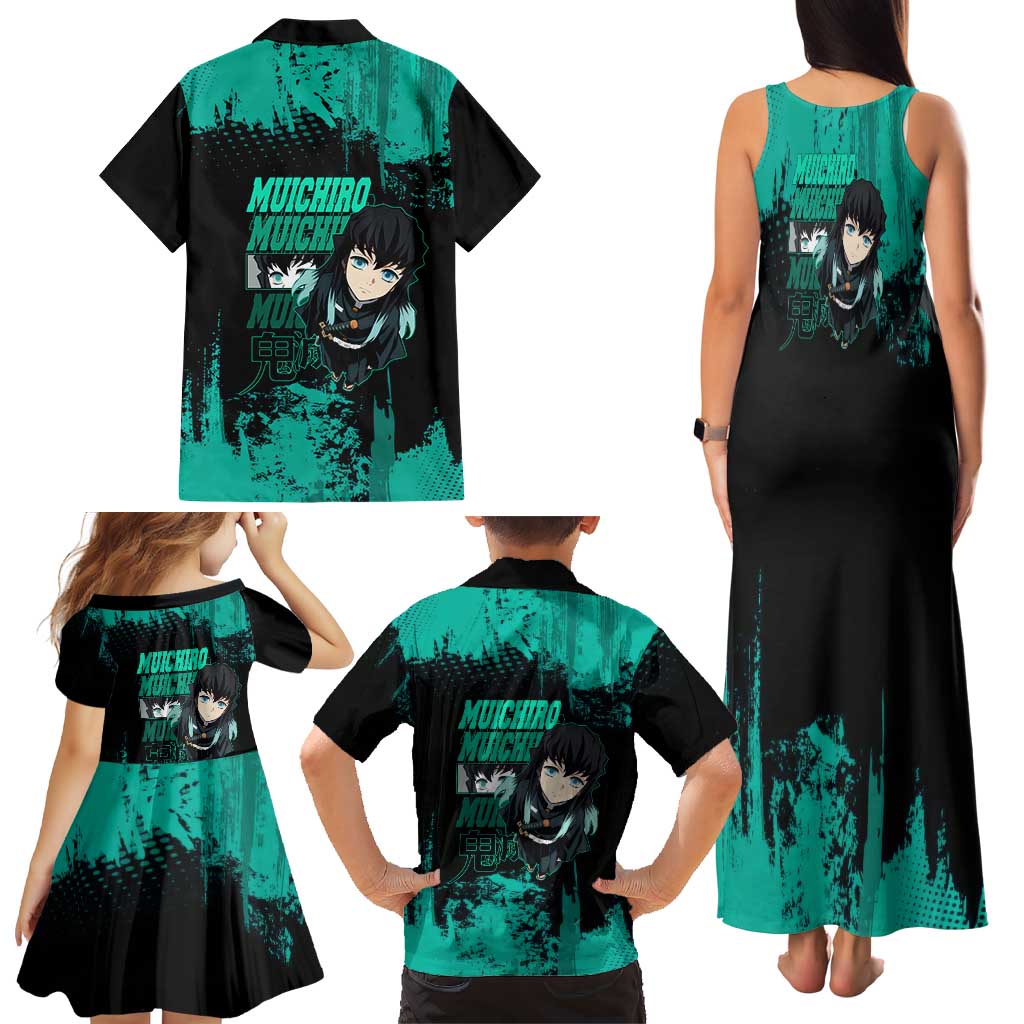 Muichiro Tokito Demon Slayer Green and Black Grunge Style Family Matching Tank Maxi Dress and Hawaiian Shirt with Mist Hashira Eyes and Bold Typography