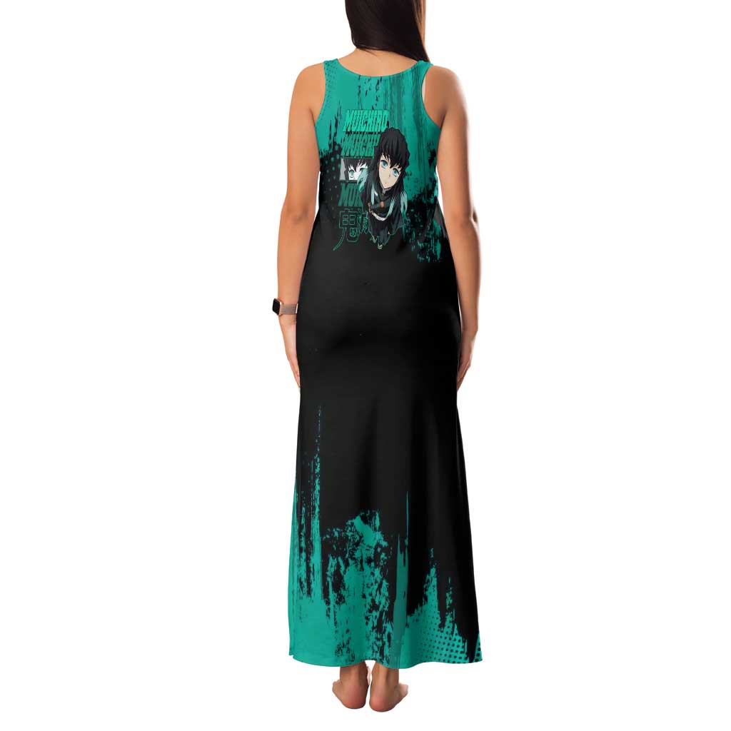 Muichiro Tokito Demon Slayer Green and Black Grunge Style Family Matching Tank Maxi Dress and Hawaiian Shirt with Mist Hashira Eyes and Bold Typography