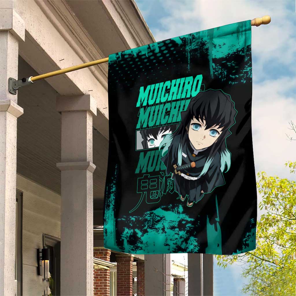 Muichiro Tokito Demon Slayer Green and Black Grunge Style Garden Flag with Mist Hashira Eyes and Bold Typography - The Mazicc