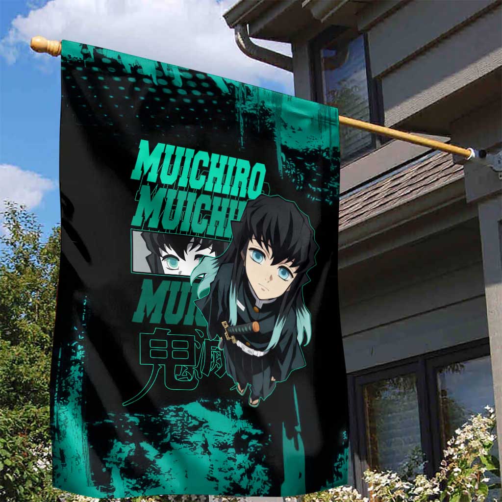 Muichiro Tokito Demon Slayer Green and Black Grunge Style Garden Flag with Mist Hashira Eyes and Bold Typography - The Mazicc