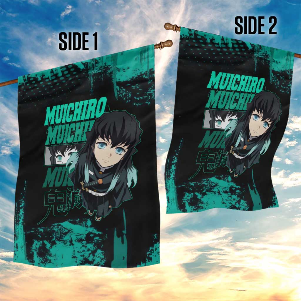 Muichiro Tokito Demon Slayer Green and Black Grunge Style Garden Flag with Mist Hashira Eyes and Bold Typography - The Mazicc