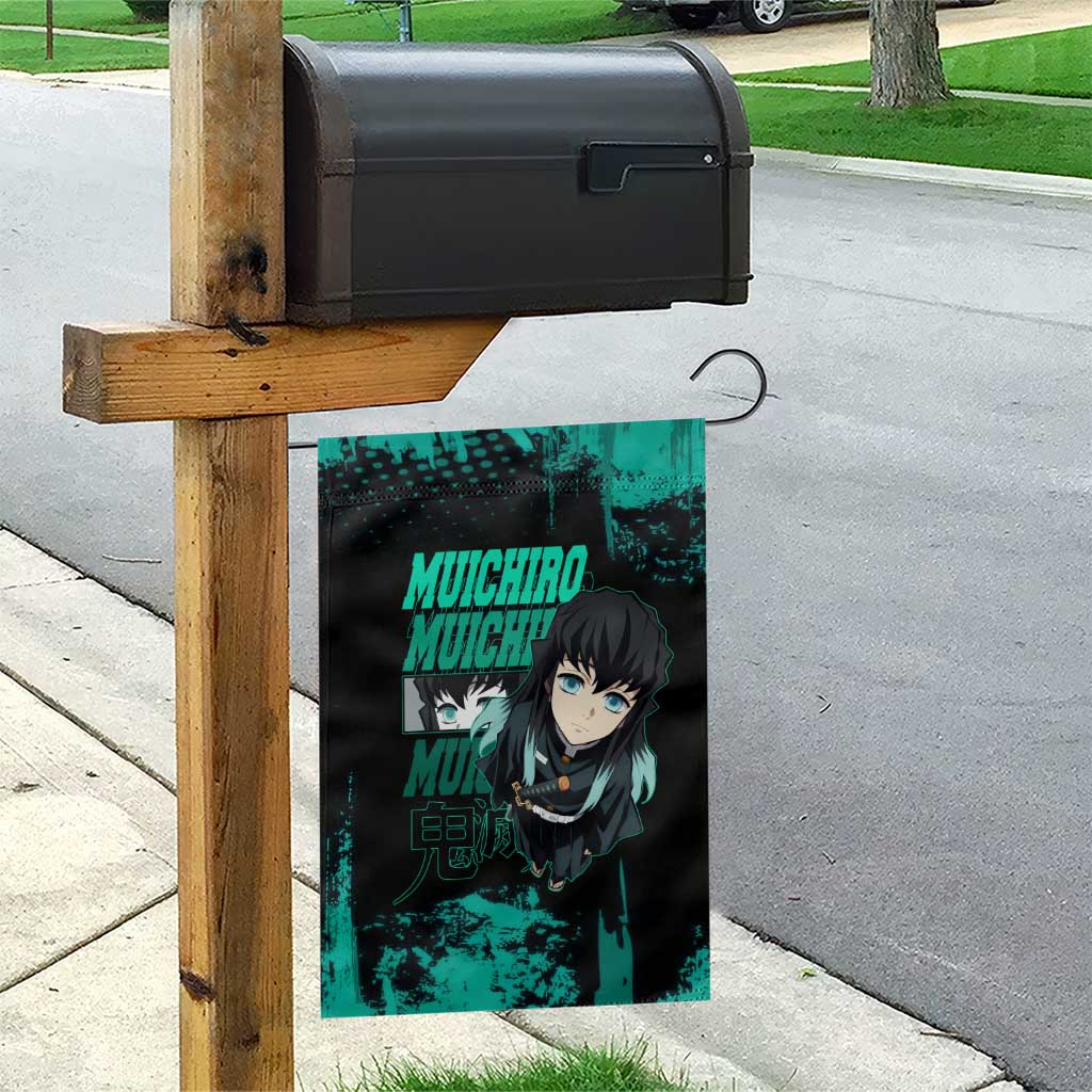 Muichiro Tokito Demon Slayer Green and Black Grunge Style Garden Flag with Mist Hashira Eyes and Bold Typography - The Mazicc