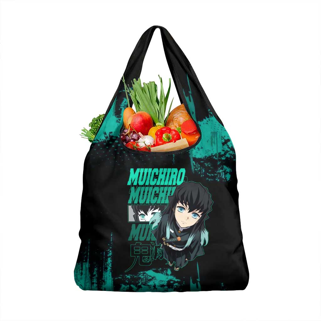 Muichiro Tokito Demon Slayer Green and Black Grunge Style Grocery Bag with Mist Hashira Eyes and Bold Typography - The Mazicc