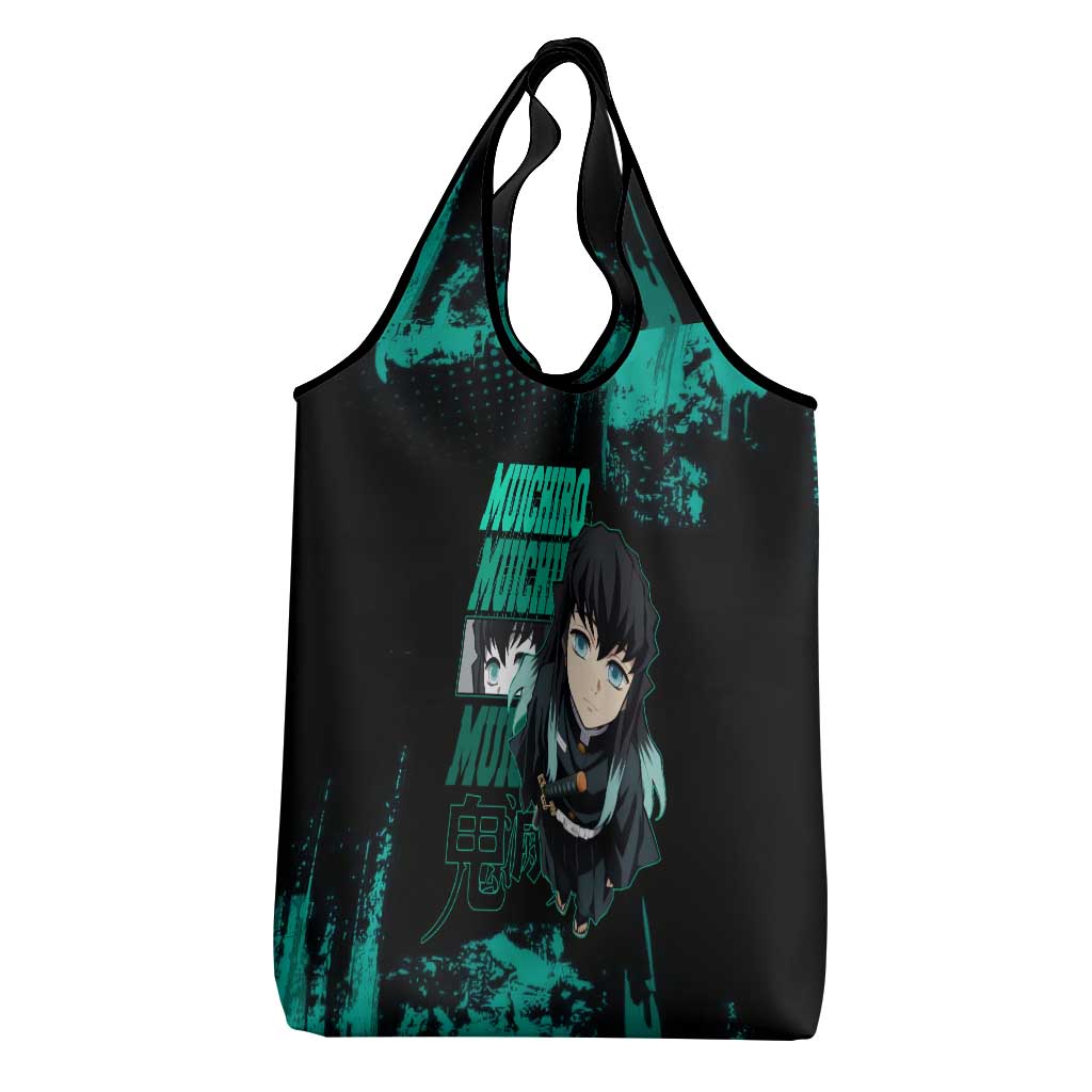Muichiro Tokito Demon Slayer Green and Black Grunge Style Grocery Bag with Mist Hashira Eyes and Bold Typography - The Mazicc