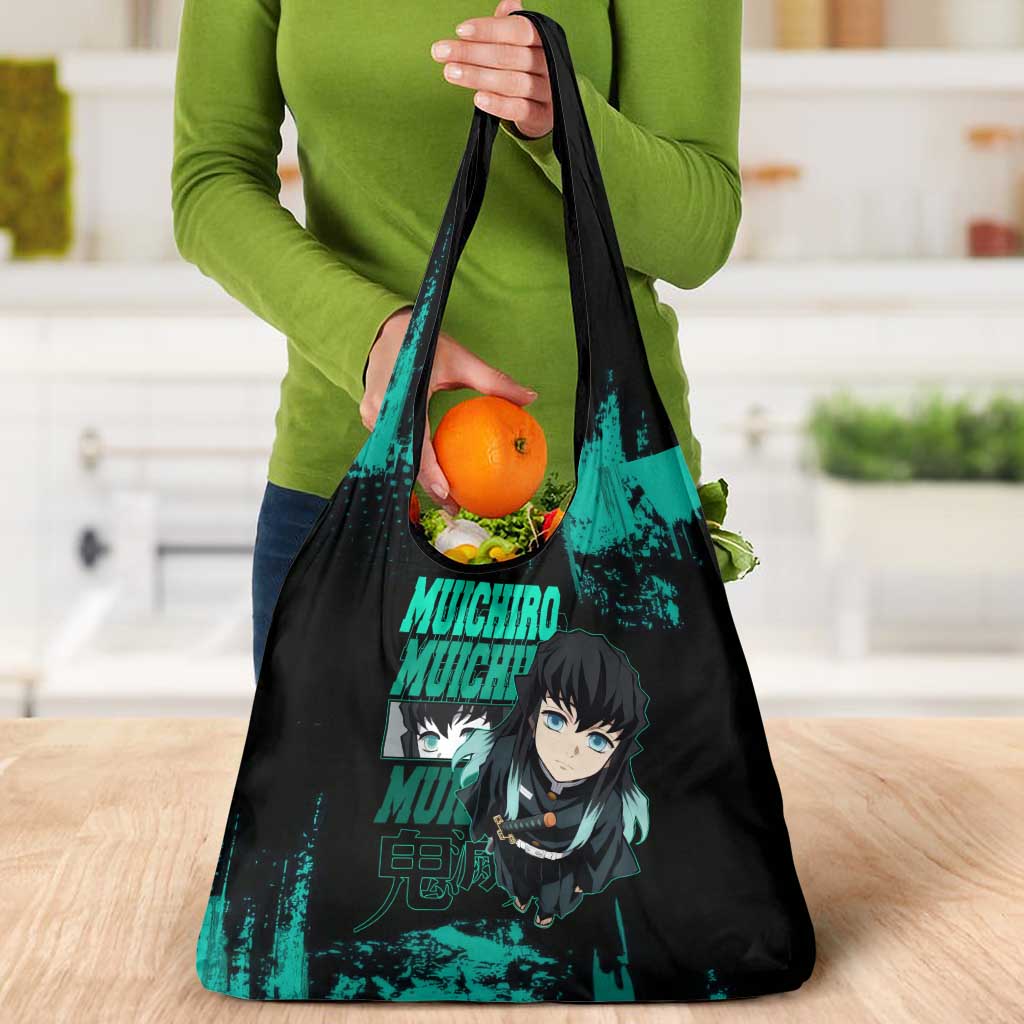 Muichiro Tokito Demon Slayer Green and Black Grunge Style Grocery Bag with Mist Hashira Eyes and Bold Typography - The Mazicc