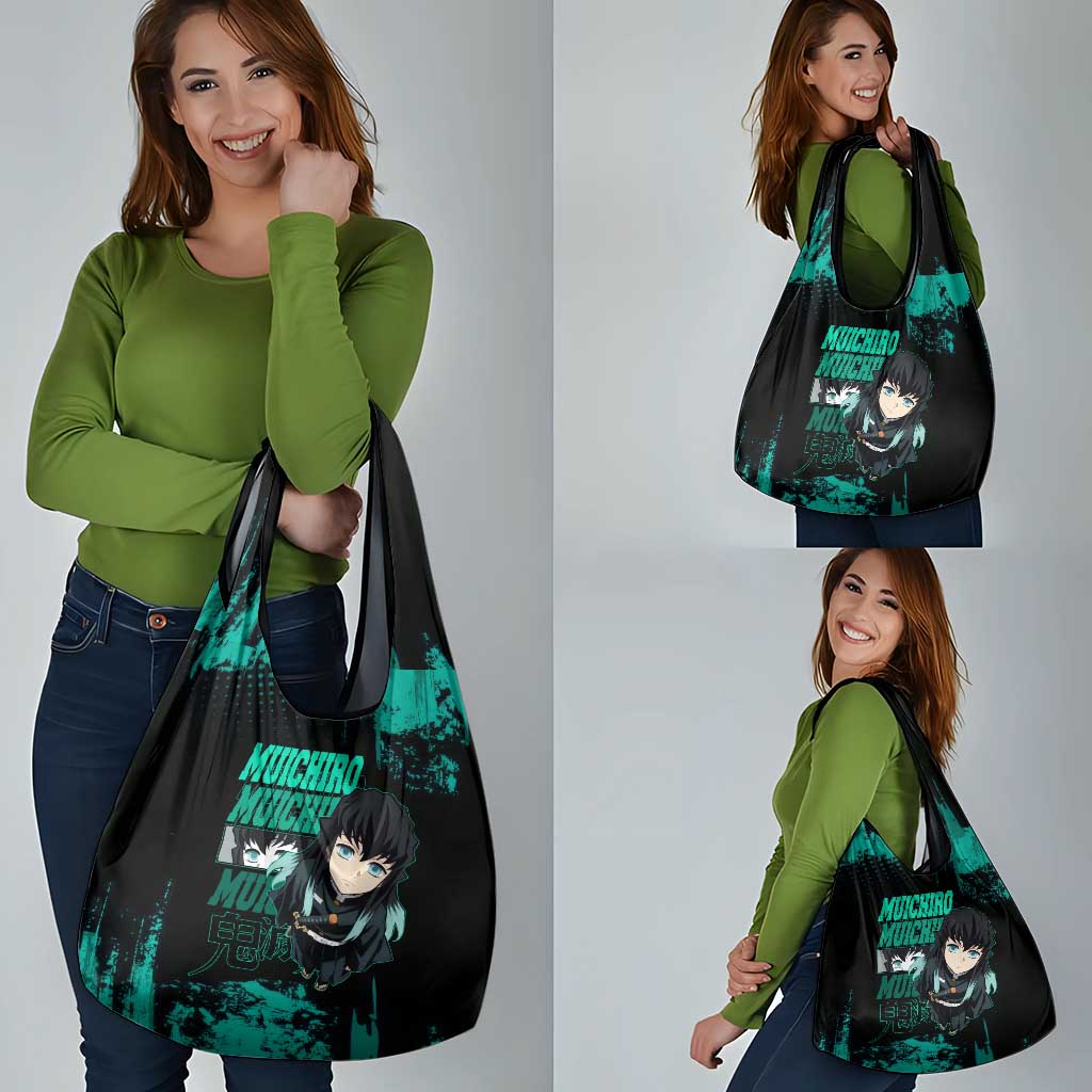Muichiro Tokito Demon Slayer Green and Black Grunge Style Grocery Bag with Mist Hashira Eyes and Bold Typography - The Mazicc