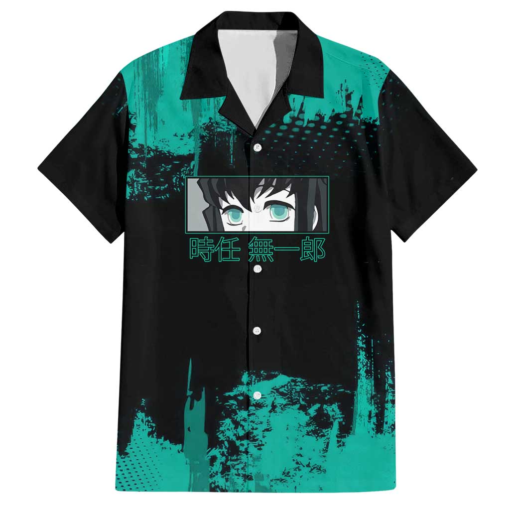 Muichiro Tokito Demon Slayer Green and Black Grunge Style Hawaiian Shirt with Mist Hashira Eyes and Bold Typography - The Mazicc