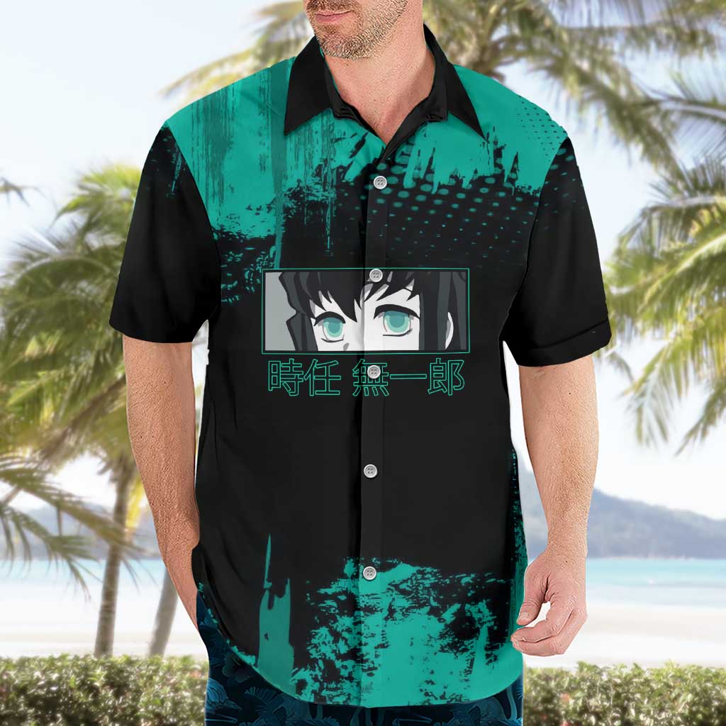 Muichiro Tokito Demon Slayer Green and Black Grunge Style Hawaiian Shirt with Mist Hashira Eyes and Bold Typography - The Mazicc