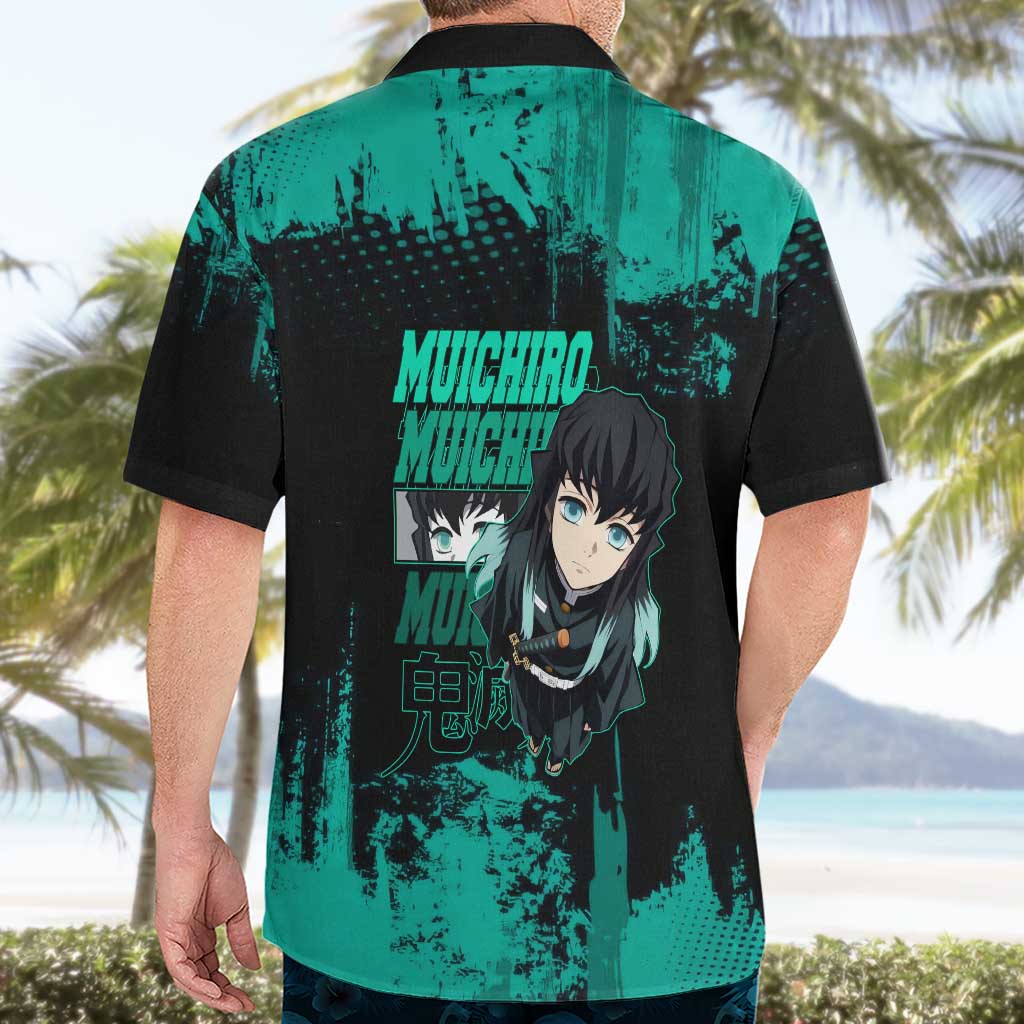 Muichiro Tokito Demon Slayer Green and Black Grunge Style Hawaiian Shirt with Mist Hashira Eyes and Bold Typography - The Mazicc