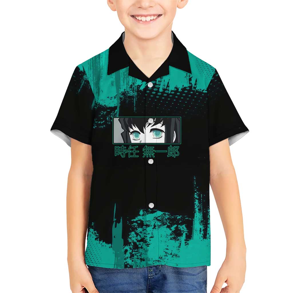 Muichiro Tokito Demon Slayer Green and Black Grunge Style Hawaiian Shirt with Mist Hashira Eyes and Bold Typography - The Mazicc