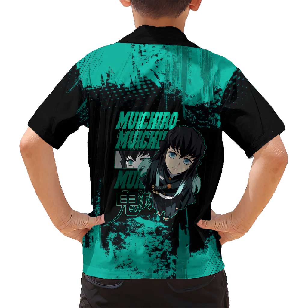 Muichiro Tokito Demon Slayer Green and Black Grunge Style Hawaiian Shirt with Mist Hashira Eyes and Bold Typography - The Mazicc