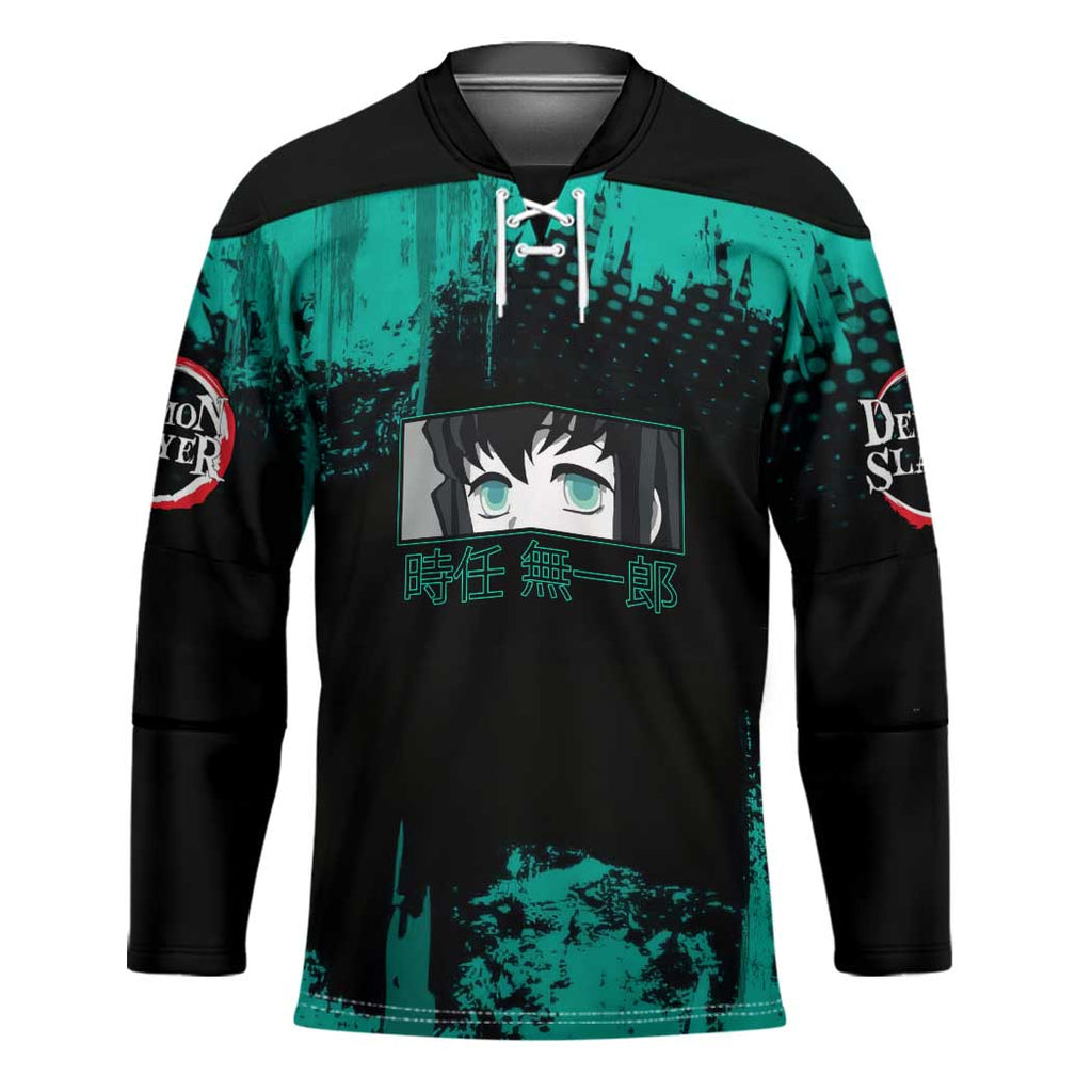 Muichiro Tokito Demon Slayer Green and Black Grunge Style Hockey Jersey with Mist Hashira Eyes and Bold Typography - The Mazicc