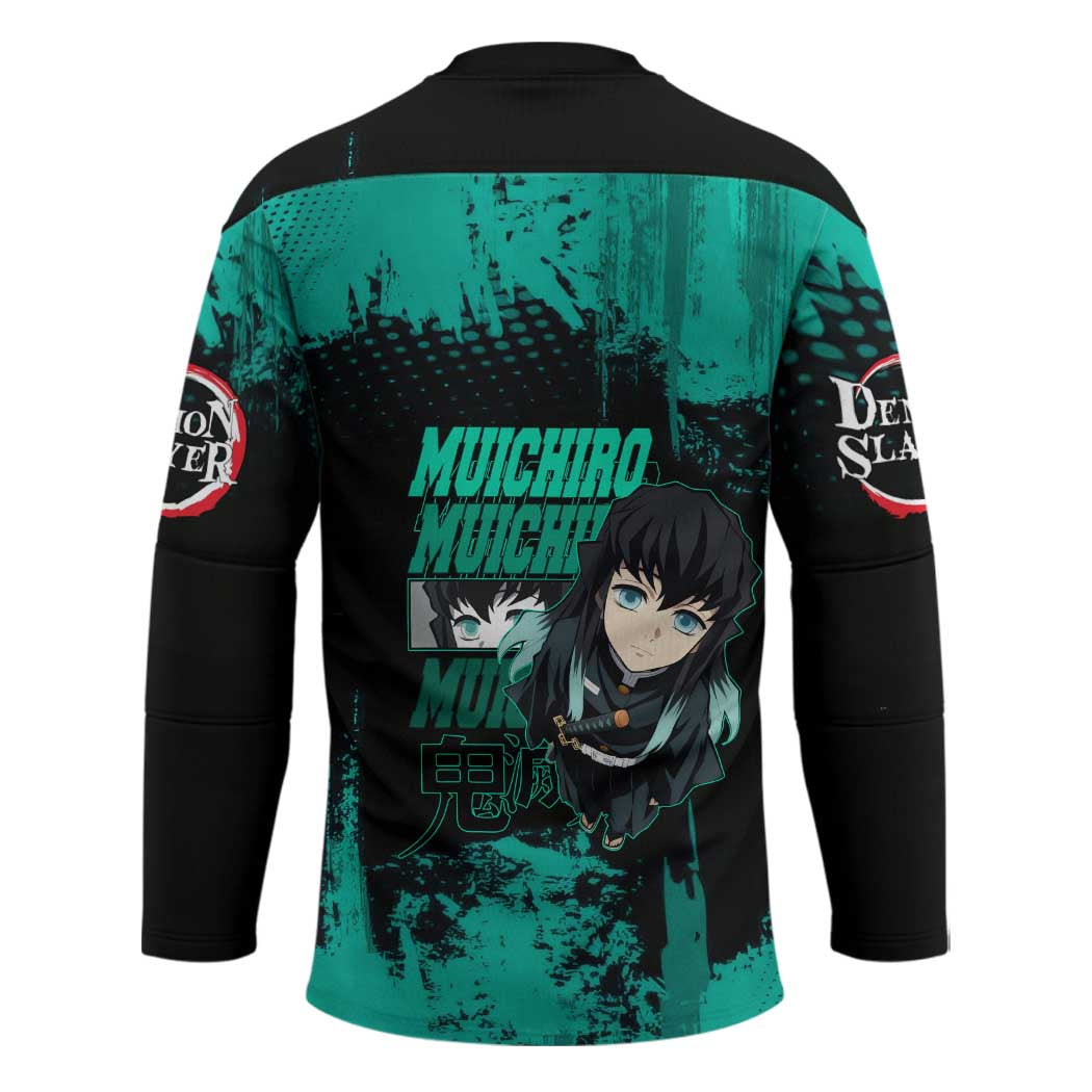 Muichiro Tokito Demon Slayer Green and Black Grunge Style Hockey Jersey with Mist Hashira Eyes and Bold Typography - The Mazicc