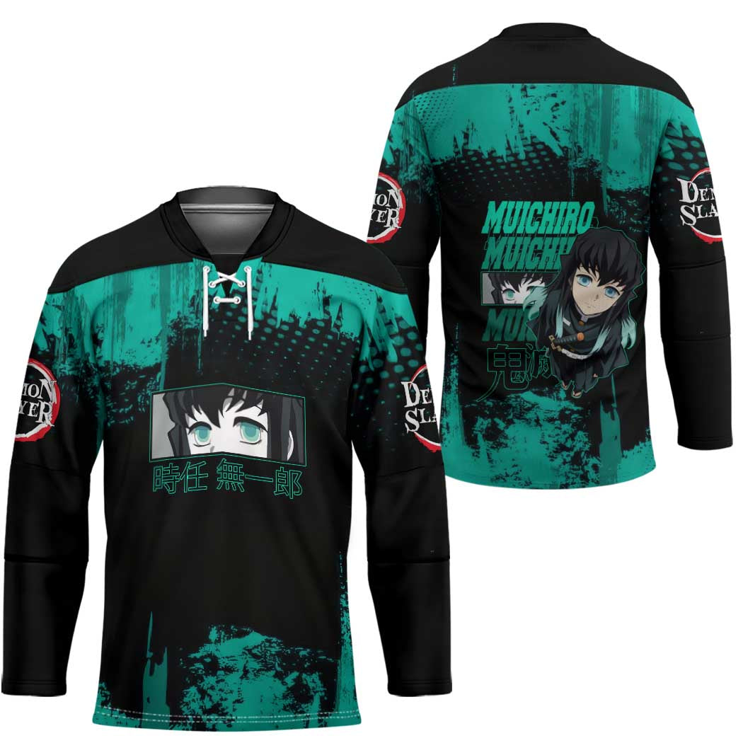 Muichiro Tokito Demon Slayer Green and Black Grunge Style Hockey Jersey with Mist Hashira Eyes and Bold Typography - The Mazicc