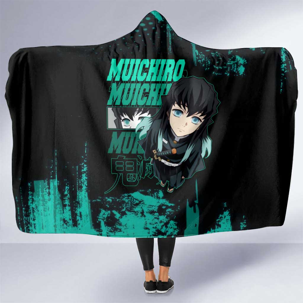Muichiro Tokito Demon Slayer Green and Black Grunge Style Hooded Blanket with Mist Hashira Eyes and Bold Typography - The Mazicc
