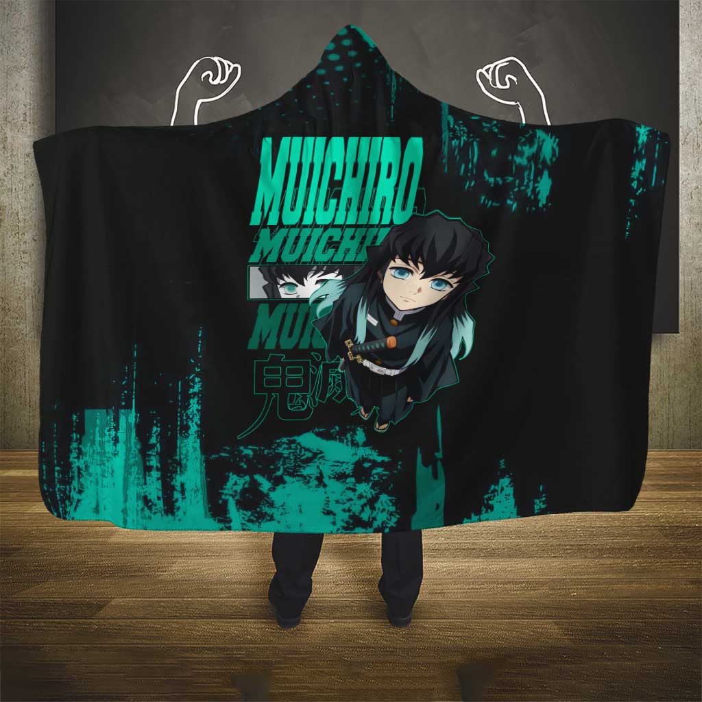 Muichiro Tokito Demon Slayer Green and Black Grunge Style Hooded Blanket with Mist Hashira Eyes and Bold Typography - The Mazicc