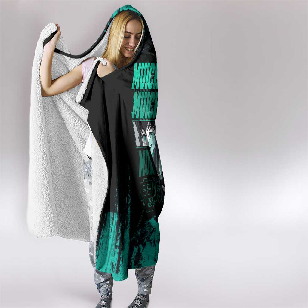Muichiro Tokito Demon Slayer Green and Black Grunge Style Hooded Blanket with Mist Hashira Eyes and Bold Typography - The Mazicc