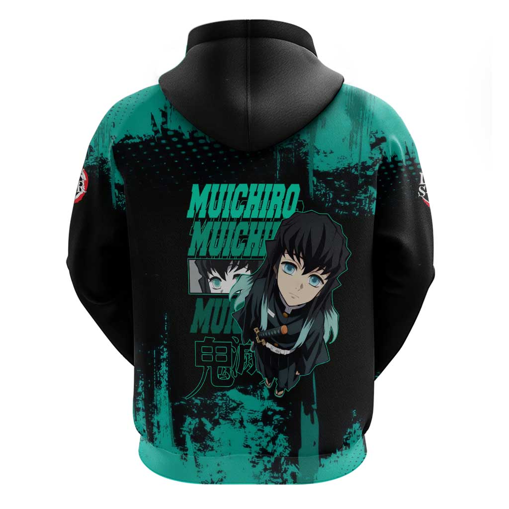 Muichiro Tokito Demon Slayer Green and Black Grunge Style Hoodie with Mist Hashira Eyes and Bold Typography - The Mazicc
