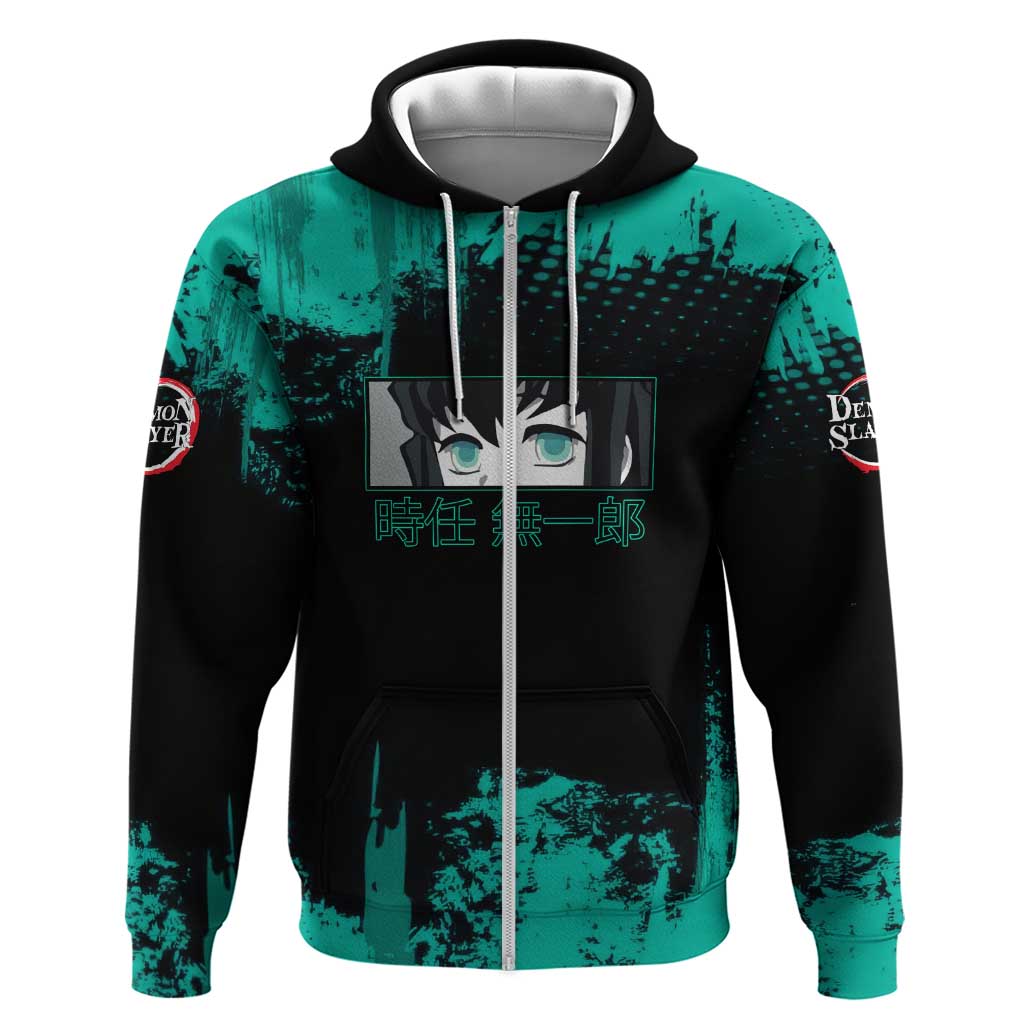 Muichiro Tokito Demon Slayer Green and Black Grunge Style Hoodie with Mist Hashira Eyes and Bold Typography - The Mazicc