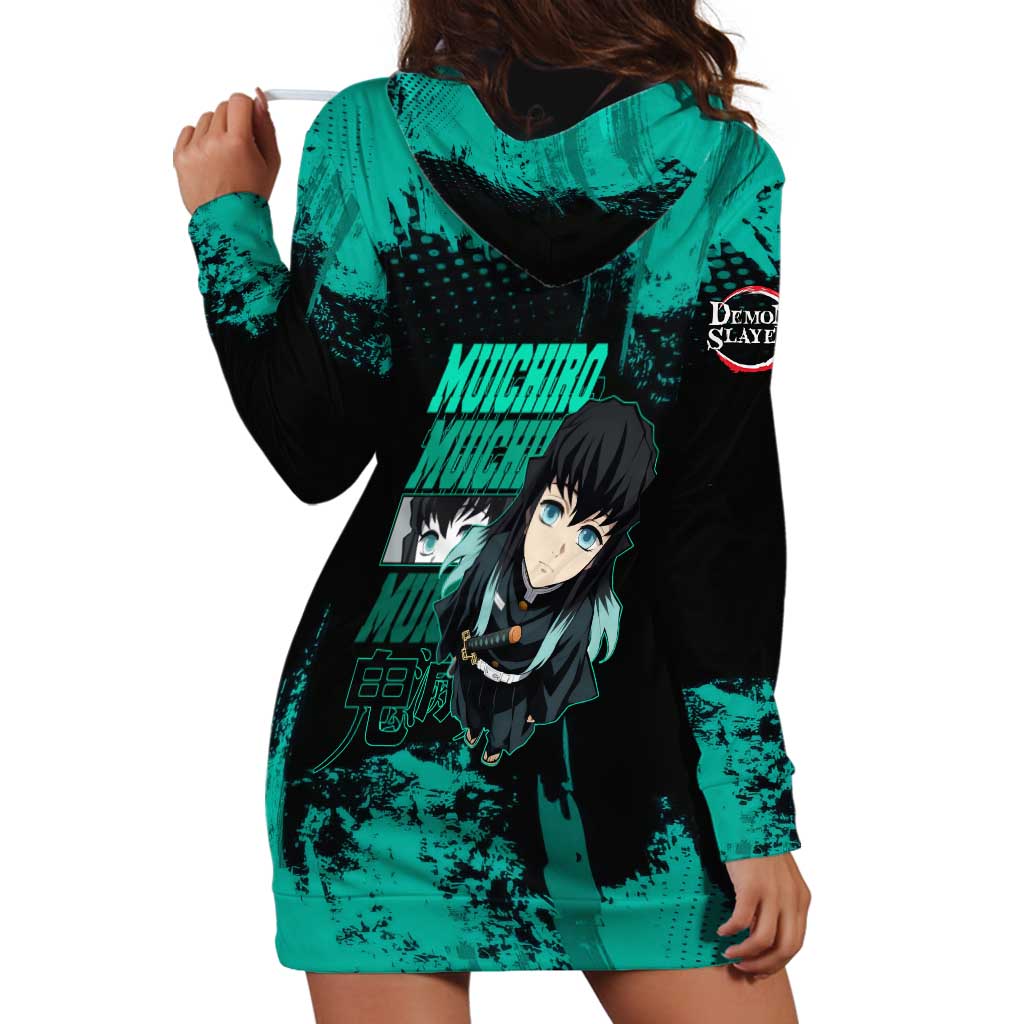 Muichiro Tokito Demon Slayer Green and Black Grunge Style Hoodie Dress with Mist Hashira Eyes and Bold Typography - The Mazicc