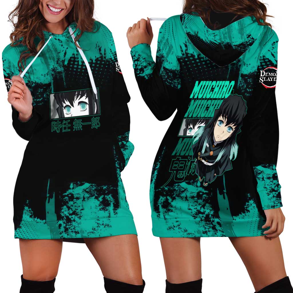 Muichiro Tokito Demon Slayer Green and Black Grunge Style Hoodie Dress with Mist Hashira Eyes and Bold Typography - The Mazicc